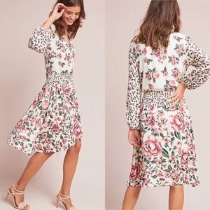 Farm Rio White Floral Midi Dress with Pink Roses